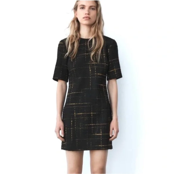 zara textured short dress ZARA HOLIDAY ASYMMETRIC TEXTURED SHORT DRESS GOLD BUTTONS BLACK sz M
